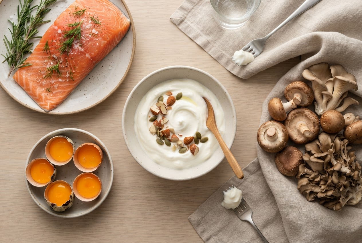 Potravinové zdroje vitamínu D: ryba, vajcia a vybrané obohatené potraviny
